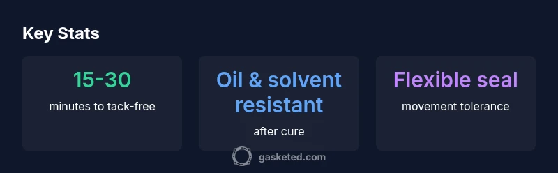 Infographic showing cure time, oil resistance, and flexibility of permatex gasket maker ultra black