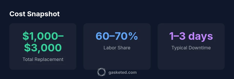 Stats infographic showing head gasket replacement cost ranges, labor share, and downtime.