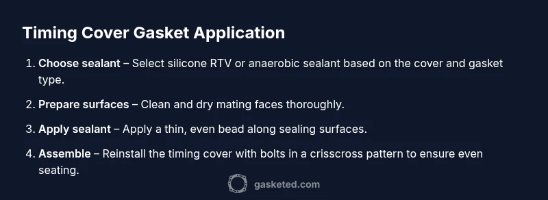 Process infographic showing gasket selection and application for timing cover