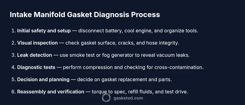 Process infographic showing steps to diagnose intake manifold gasket issues