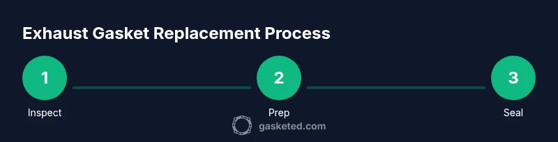 Process infographic showing inspection, preparation, and installation steps for exhaust gasket replacement