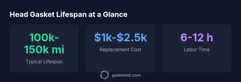 Infographic showing head gasket lifespan factors and costs