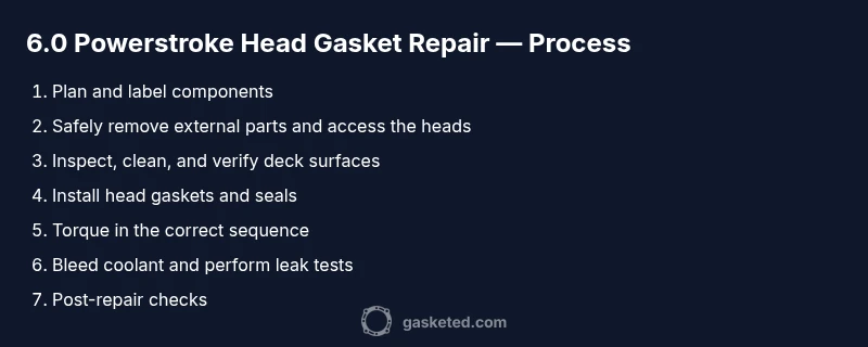 Infographic showing the step-by-step process of repairing a head gasket on a 6.0 Powerstroke