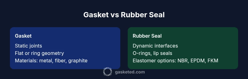 Infographic comparing gasket vs rubber seal with static vs dynamic applications
