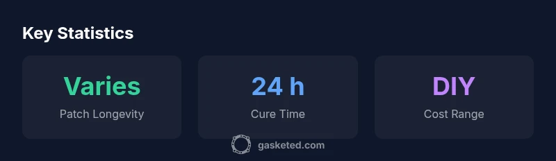 Infographic showing patch longevity, cure time, and DIY cost for roof leak sealants.